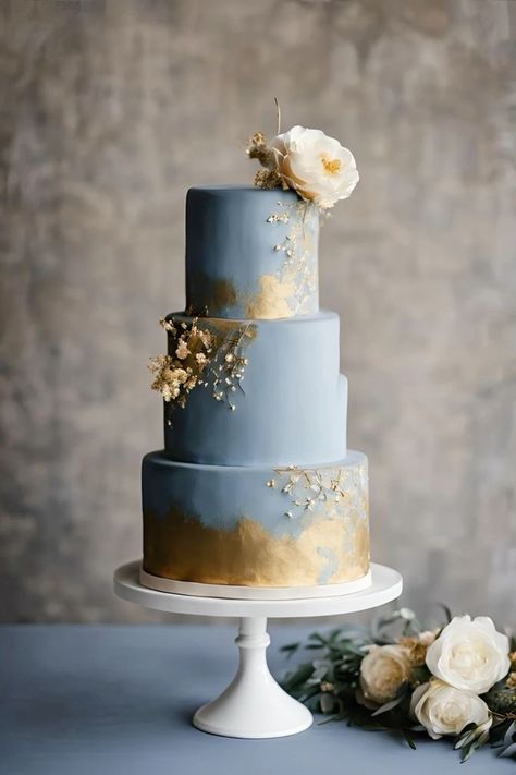 Dusty Blue And Gold Wedding Theme, Dusty Blue Wedding Cake, Blue And Gold Wedding Cake, Dusty Blue And Gold Wedding, Blue And Gold Wedding, Different Types Of Cakes, Floral Wedding Cake, Gold Wedding Theme, Romantic Wedding Cake