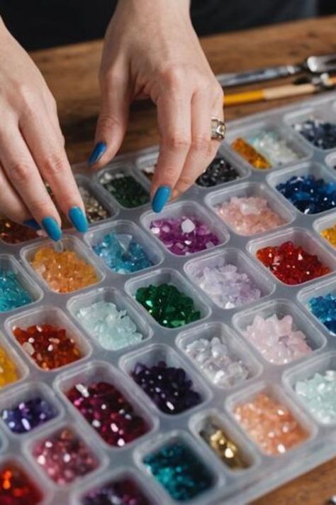 Hands organizing colorful beads in a compartmentalized tray. Resin Art Studio, Art Studio Setup, Art Pieces For Home Decor, Art With Photos, Ocean Waves Art, Acrylic Pouring Techniques, Smart Organization, Art Skills, Diy Techniques