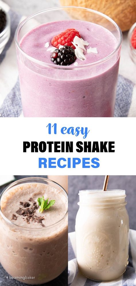 11 Protein Shake Recipes from Beaming Baker. Here is my favorite protein shake recipe + 11 different flavors of protein shakes you can make with it! Iso100 Protein Shake Recipes, Protine Shake Recipe, Vanilla Protein Shake Recipes, Simple Protein Shake Recipes, Protein Powder Recipes Shakes, Bariatric Protein, Beaming Baker, Easy Protein Shakes, Best Vegan Protein Powder