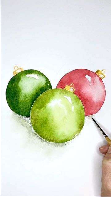 Christmas Bauble Watercolour, Watercolor Christmas Bulbs, Watercolor Ornament Painting, Watercolor Ornaments, Diy Christmas Baubles, Watercolor Christmas Cards Diy, Xmas Baubles, Christmas Light Bulbs, Watercolor Paintings For Beginners