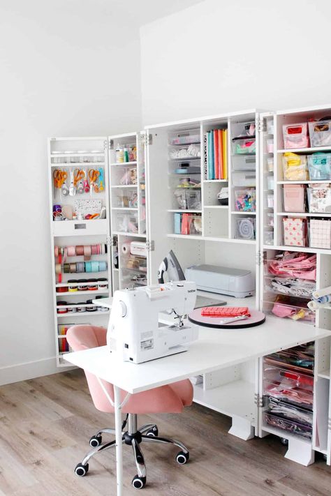 Read about the DreamBox 2 Craft Storage organization system! This gorgeous craft room furniture is the only piece you need for a clean space! Small Sewing Rooms, Sewing Spaces, Craft Storage Organization, Craft Room Furniture, Sewing Room Decor, Sewing Storage, Sewing Room Organization, Clean Space, Studio Furniture