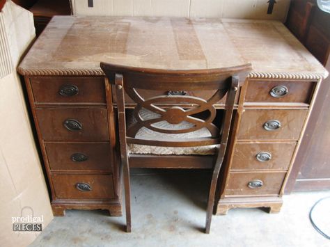 An Antique Desk Makeover by Prodigal Pieces via http://www.prodigalpieces.com Old Desk Makeover Diy, Antquie Desk, Upcycled Antique Desk, Painted Antique Desk, Antique Desk Makeover, Country Desk, Pinted Antique Desk, Old Furniture Makeover, Large Antique Wooden Desk