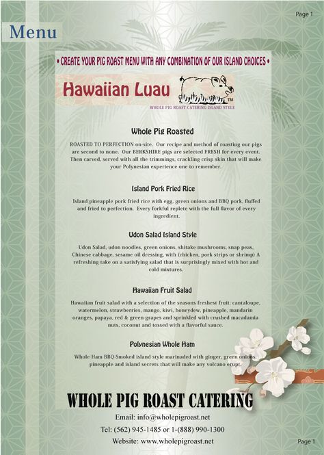 Pig Roast Menu, Whole Pig Roast, Hawaiian Fruit Salad, Teriyaki Chicken Wings, Lau Lau, Pineapple Sauce, Kalua Pork, Pork Fried Rice, Bbq Chicken Wings