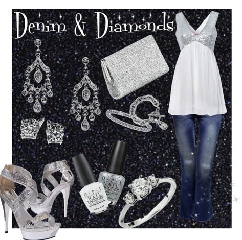 Denim & Diamonds. Fashion Collage by DanielleJevette created on Polyvore Denim And Diamonds Gala Attire, Denim And Diamonds Party Outfit Classy, Diamonds And Denim Party Outfits, Denim And Diamonds Party Outfit Ideas, Denim Diamonds Outfit, Denim Diamonds Theme Outfit, Denim And Diamonds Outfit, Denim And Diamonds Party Outfit, Kitty Invite