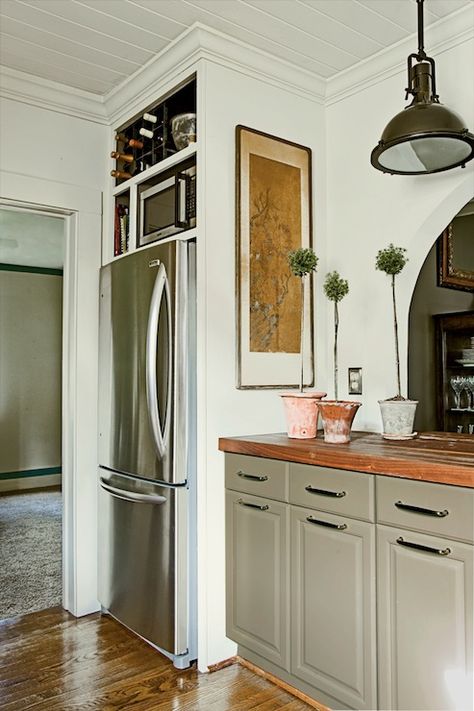 Farrow & Ball Lime White, Restoration Hardware pendant, khaki cabinets Above Fridge, Refrigerator Cabinet, Modern Country Style, Kitchen Corner, Stunning Kitchens, Grey Kitchens, Cottage Living, Kitchen Redo, Updated Kitchen