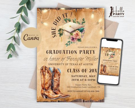 She Did It -Floral Western Graduation Party Invitation -Digital Invite Rustic Country College Grad Cowgirl Cap Peach Editable Template GPG37 Western Graduation Party, Western Graduation, Hello Party, Graduation Party Invitations Templates, Graduation Party Invitation, Canva App, Invitation Floral, Digital Invite, Graphic Design Tools