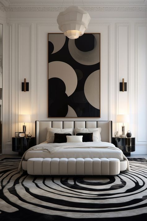 black and white art deco style bedroom design idea Art Deco Bedroom Design, Deco Bedroom Ideas, Art Deco Bedroom Ideas, Light Blue Bedroom, Art Deco Accessories, Beautiful Bedrooms Master, Black White Design, Green Art Deco, Art Deco Bedroom