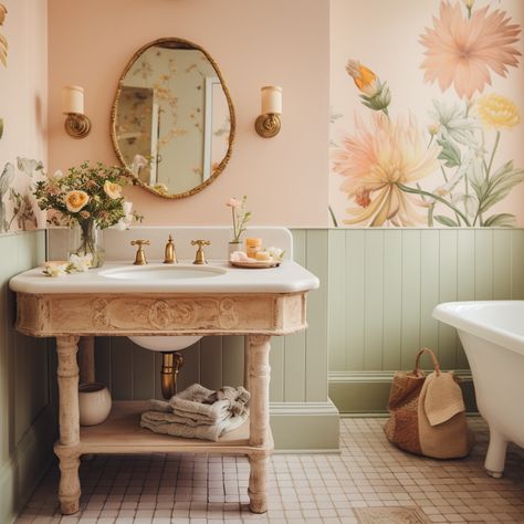 Peach Bathroom, Cottage Bathroom Ideas, Tub Design, Tub Ideas, Soaker Tub, Bathroom Inspiration Decor, Peach Fuzz, Green Bathroom, Contemporary Home Decor