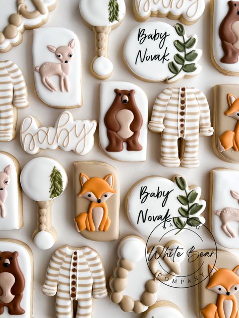 Winter Woodland Cookies, Woodland Decorated Cookies, Woodland Baby Shower Cookies, Woodland Animal Cookies, 2024 Cookies, Woodland Cookies, January Baby Shower, Gender Reveal Baby Shower Themes, Woodland Creatures Baby Shower