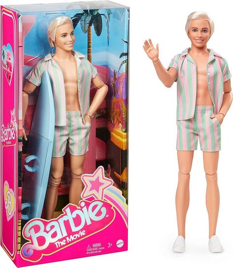 Take home a part of Barbie The Movie with this Ken doll! Dressed in a surf-casual outfit, he is having the best day ever in Barbie Land! Ken doll rocks a pastel pink and mint green striped top. The matching shorts even feature working pockets! Collector Barbie, Barbie Land, Regard Animal, Barbie 2023, Barbie The Movie, 2023 Photo, Barbie Theme, Doll Barbie, Barbie Ken