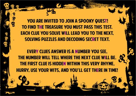 Halloween Treasure Hunt Clues, Halloween Handouts, Treasure Hunt Riddles, Halloween Treasure Hunt, Scary Stories For Kids, Halloween Handout, Scavenger Hunt Riddles, Halloween Riddles, Treasure Hunt Games