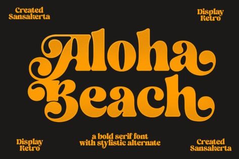 Aloha Beach is a fun, retro groovy display font reminiscent of the swinging 60s. Its bold strokes and playful curves evoke a sense of vintage charm and nostalgia. Perfect for posters, album covers, an... Summer Social Media, Beach Fonts, Bold Serif Fonts, Summer Font, Beach Logo, Minimalist Font, Aloha Beaches, Photography Watermark, Playful Style