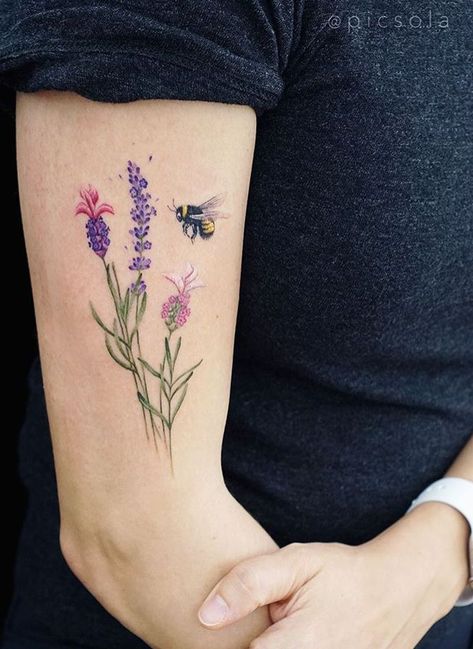 150+ Beautiful Bee Tattoos Designs With Meanings (2022) - TattoosBoyGirl Wildflower Tattoo With Bee, Bee Tattoo Ideas With Flowers, Flower Tattoos With Bees, Bee And Wildflower Tattoo, Floral Bee Tattoo Design, Bumble Bee And Flower Tattoo, Bee On A Flower Tattoo, Flower With Bee Tattoo, Bee Tattoo With Flowers