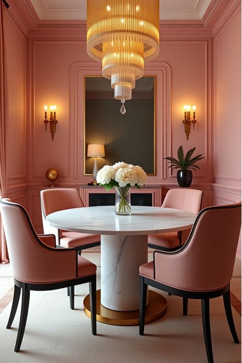 Luxurious pale pink dining room with marble and velvet Color Drenched Dining Room, Maroon Dining Room, Dining Room Paint Color, Pink Dining Room, Pink Dining Rooms, Dining Room Paint Colors, Paint Trends, Choosing Paint Colours, Dining Room Paint