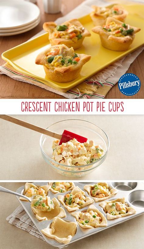 Chicken Pot Pie Cups - these are the BEST Muffin Tin Recipes for Kids! Crescent Cups, Kid Meals, Chicken Pot Pies, Homemade Chicken Pot Pie, Muffin Tin Recipes, Crescent Roll Recipes, Pot Pies, Chicken Alfredo, Crescent Rolls