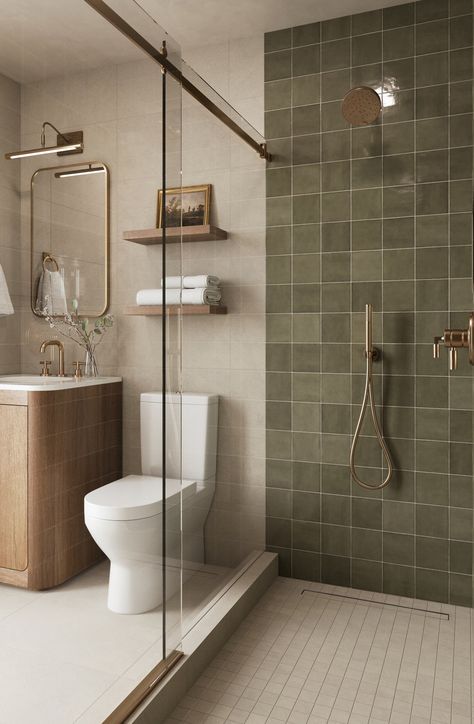 Shea 12x24 Matte Porcelain Tile in Dune Small Format Tile Bathroom, Bathroom Aesthetic Tiles, Bathroom Green Vanity Ideas, Bathroom Sink Inspiration, Small Size Bathroom Design, Olive Color Bathroom, Aesthetic Toilet Design, Green Tile Small Bathroom, 2 Color Bathroom Walls