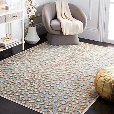 Safavieh Paradise Collection PAR84 Animal Print Viscose Area Rug, 4' x 5'7", Stone / Aqua Cheetah Print Rug, Animal Print Carpet, Stone Rug, Palm Beach Regency, Aqua Rug, Rug Colors, Light Grey Area Rug, Color Stone, Black Rug