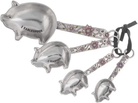 Charming set of decorative and functional measuring spoons Features a pig design on spoon portion and pink floral design on front of handle Set of 4 includes 1 Tbsp., 1 Tsp., 1/2 Tsp., and 1/4 Tsp. Hand washing recommended Made of zinc alloy Kitchen Ware, Cute Pigs, Spoon Set, Gift Boutique, Charm Set, Unique Things, Measuring Spoons, Kitchen Utensils Gadgets, Gift Store