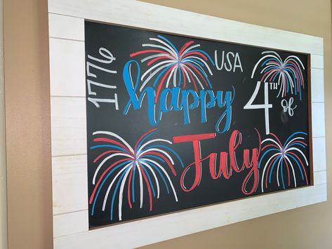 4th Of July Dry Erase Board Ideas, 4th Of July Poster Board Ideas, 4th Of July Whiteboard Ideas, July Chalkboard Calendar Ideas, Fourth Of July Chalk Art, 4th Of July Chalkboard Ideas, Happy 4th Of July Chalkboard Art, July 4th Chalkboard Art, Fourth Of July Window Painting