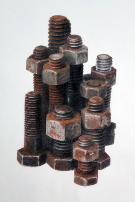 rusty-nuts-and-bolts-3 Coloured Pencil Drawings, Fallout Rpg, Metal Drawing, Spring Drawing, Masculine Art, City Life Photography, Rust In Peace, Nut Bolt, Geometric Pattern Art