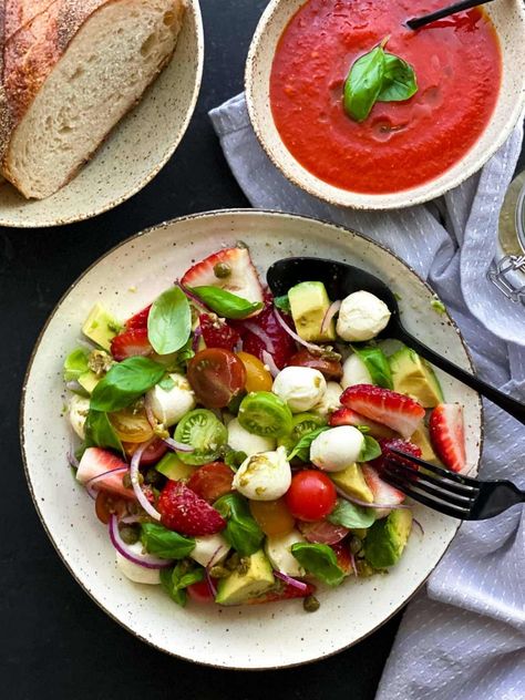 This tomato bocconcini salad ticks all the boxes. Quick 15 minutes, no cooking involved, and refreshingly delicious. Showcasing all the fresh produce of summer with bocconcini cheese, tomatoes, basil, strawberries and avocado mingled with a punchy caper vinaigrette. Tomato Bocconcini Salad, Caper Vinaigrette, Bocconcini Salad, Snap Pea Salad, How To Cut Avocado, Fresh Summer Salad, Cut Strawberries, Leafy Green Salads, Vinaigrette Salad