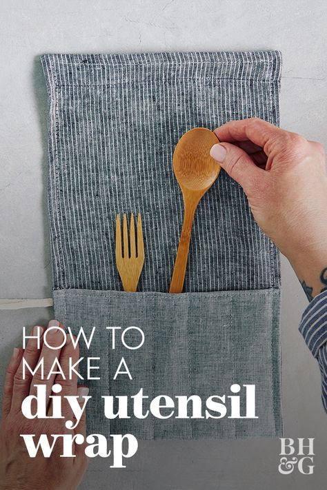 Skip the plastic cutlery and tote your own reusable utensils in a homemade fabric holder. It's easy to make—requiring only basic sewing skills—and it's machine washable! #diyideas #diycrafts #bhg Sewing Utensil Holder, Sew Utensil Pouch, Travel Cutlery Holder Diy, Travel Utensil Holder Diy, Cutlery Pouch Diy, Diy Cutlery Pouches, Utensils Holder Diy, Fabric Upcycle, Fabric Holder