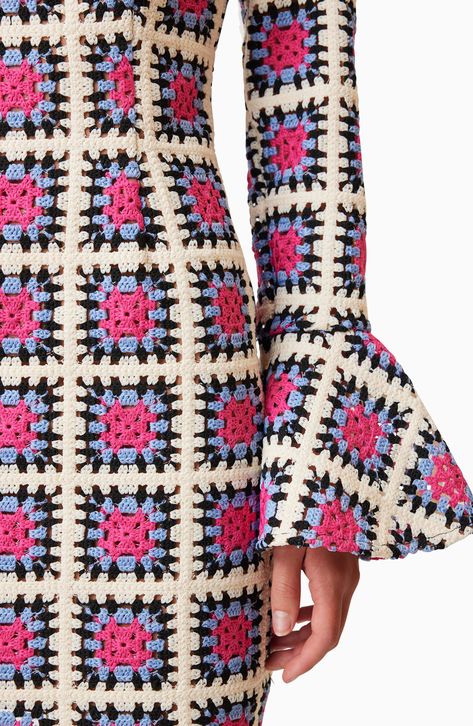 Crochet A Line Dress Pattern, Sleeve Crochet, Crochet Neckline, 70s Crochet, Granny Square Dress, Cap Sleeves Pattern, Crochet Stitches Free, Fitted Mini Dress, Crochet Tunic