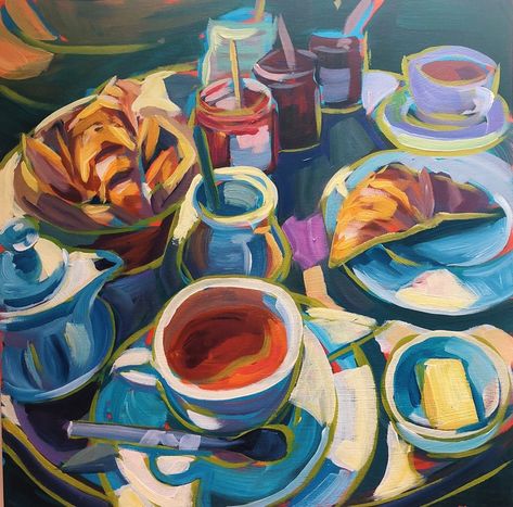 Breakfast by Sari Shryack Cake Paintings, Picnic Painting, Sari Shryack, Acrylic Inspiration, Visual Journals, Cartoon Food, Oil Painting Inspiration, Contemporary Impressionism, Life Ideas