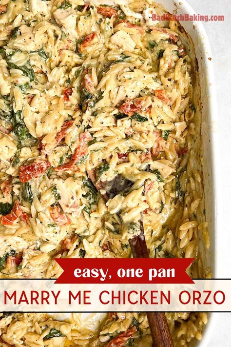 chicken orzo in a pan with a spoon Crock Pot Chicken And Orzo, Chicken Spinach Tomato Orzo, Carolbeecooks Orzo, One Pan Chicken Orzo Recipes, Chicken Orzo Meal Prep, Chicken Orzo Recipes Dairy Free, Orzo Chicken Casserole, Comfy Dinner Recipes, Chicken And Orzo Casserole