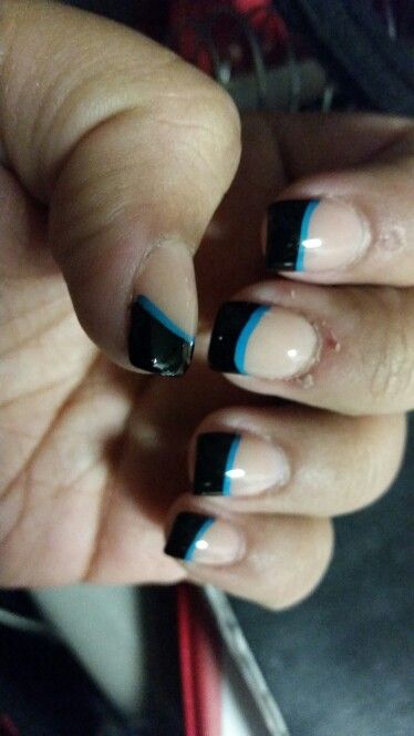 Black and blue french tip acrylic nail. Black And Blue French Tip Nails, Blue French Tip, Blue French Tips, Black French Tips, French Tip Acrylic Nails, Blue French, Black French, Tip Nails, French Tip Nails