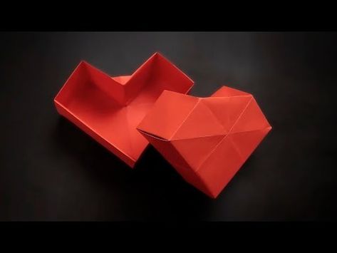 Origami Heart Box With a Lid - How to Fold - YouTube Origami Heart Box Step By Step, Origami Heart Box Tutorial, How To Make A Heart Box Out Of Paper, How To Make A Paper Box With Lid, Origami Box With Lid Step By Step, Diy Origami Step By Step, Heart Shaped Box Diy, Heart Box Origami, Heartbox Origami