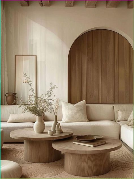 Wooden Interior Design Living Rooms, Cozy Beige Living Room, Modern Organic Home Decor, Minimal Interior Living Room, Arched Niche, Beige Sofas, Neutral Living Room Decor, Wooden Paneling, Natural Living Room Decor