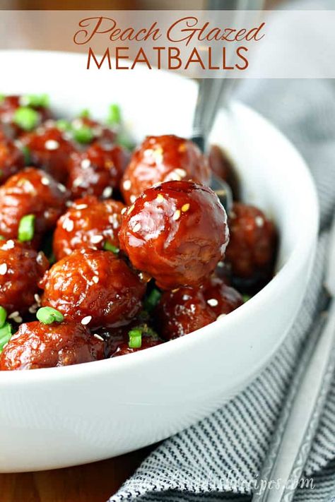 Slow Cooker Peach Glazed Meatballs Slow Cooker Cocktail Meatballs, Party Food Meatballs, Party Meatballs, Peach Glaze, Slow Cooker Asian, Cocktail Meatballs, Glazed Meatballs, Slow Cooker Teriyaki, Sweet And Sour Meatballs