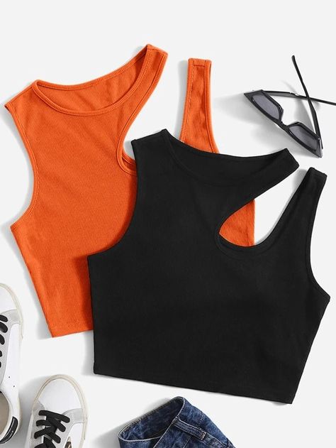 SHEIN EZwear 2 piezas Top tank unicolor de cuello asimétrico | Moda de Mujer | SHEIN México Fashion Top Outfits, Shein Outfits, Women Tank Tops, Cute Everyday Outfits, Fashion Design Clothes, Cute Simple Outfits, Women Tops, Cute Casual Outfits, Cute Tops