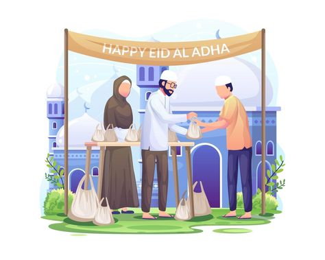 People distribute sacrificial meat on Eid al Adha Happy Celebrate Eid Al Adha Mubarak vector illustration Moon Pattern Design, Eid Al-adha Design, Morocco Pattern, Eid Al Adha Greetings, Muslim Photos, Greeting Words, Muslim Holidays, Eid Mubarak Background, Holiday Writing