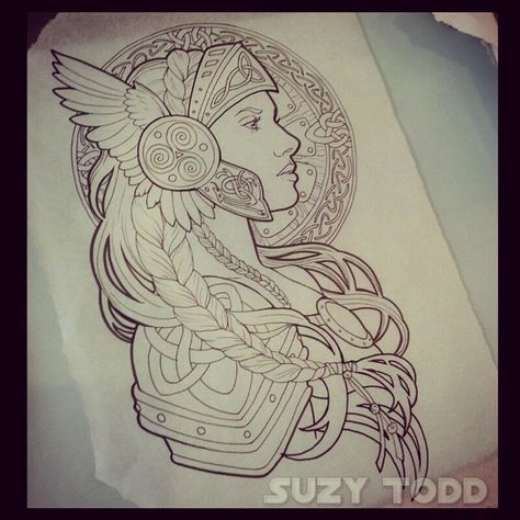 Artnouveau Drawing, Athena Tattoo, Valkyrie Tattoo, Kunst Tattoos, Tattoo Zeichnungen, Warrior Tattoos, Norse Tattoo, Nordic Tattoo, Female Tattoo Artists