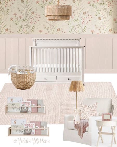 Blush Pink Wallpaper Nursery, Wallpaper Girls Nursery, Pink Board And Batten With Wallpaper, Board And Barton Nursery, Floral Wallpaper With Board And Batten, Serena And Lily Priano Wallpaper Pink, Baby Girl Nursery Blush Pink, Pink Whimsical Nursery, Floral Wallpaper Nursery Girl