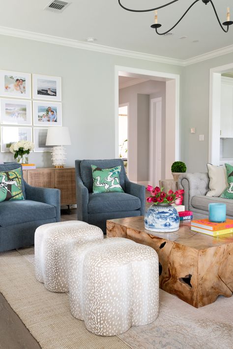 Colorful Pillows On Couch Living Room, Southern Home Living Room, Oyster Creek Studios Living Room, Pastel Green Dining Room, Southern Interior Design Living Room, Fun Colorful Living Room, How To Add Color To Living Room, Southern Coastal Living Room, Greenery Living Room Decor