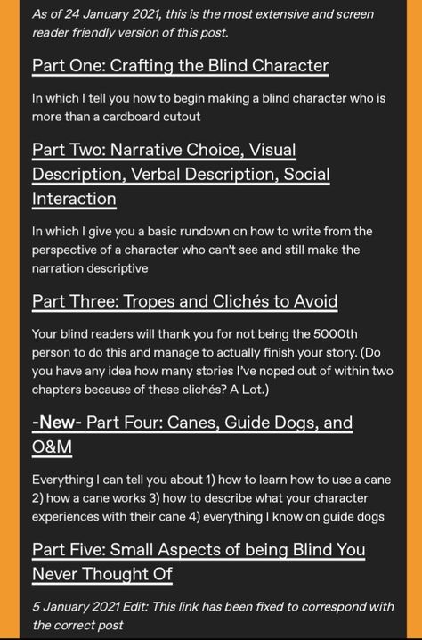 A Tumblr post about writing a blind or visually impaired character, by a visually impaired author Writing A Blind Character, How To Write A Blind Character, How To Write Blind Characters, Writing Blind Characters, Blind Character Design, Blind Character, Writing Club, Writer Tips, Writing Things