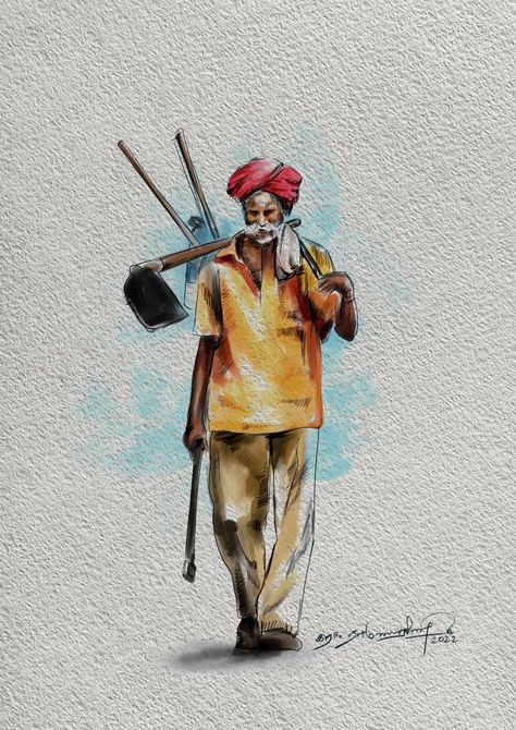 Farmer Drawing Sketch, Farmer Drawing, Architecture Composition, Waterfall Watercolor, Watercolor Indian, Mango Milkshake, Memory Drawing, Figure Sketches, Africa Art Design