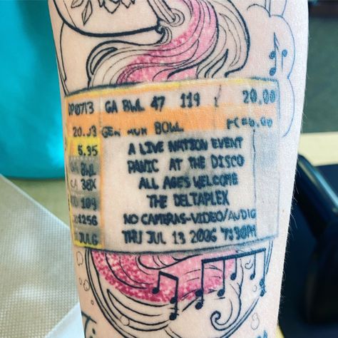 Concert Ticket Tattoo, Ticket Tattoo, Coolest Tattoo, Band Tattoos, Concert Ticket, Band Tattoo, Panic! At The Disco, Concert Tickets, I Tattoo