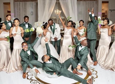 Green And Cream Wedding Suits, White And Purple Groom Suit, Hunter Green Champagne Wedding, Best Man Suits Groomsmen, African American Weddings Colors, Emareld Green Wedding Theme, Wedding Color Ideas Black People, Sage Green Wedding Black People, Green And Brown Wedding Party