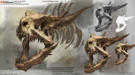 Lesson11 Dragon Skull by DongjunLu on DeviantArt Dragon Fossil, Dragon Skeleton, Minecraft Base, Dragon Anatomy, Dragon Bones, Skull Sketch, Dragon Skull, Skeleton Drawings, 다크 판타지