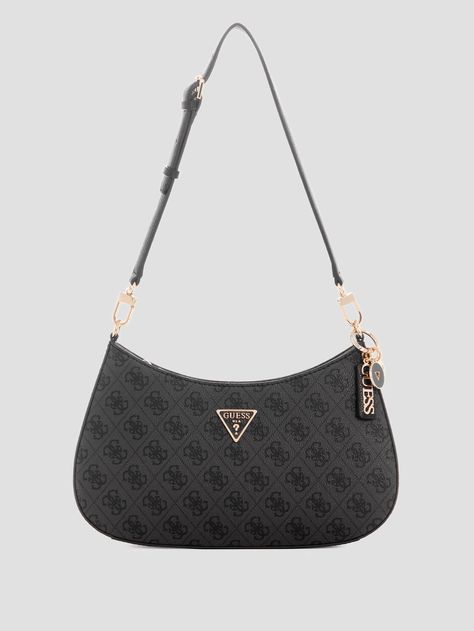 A current must-have with an updated silhouette. Shoulder bag in a Quattro G printed faux-leather construction features a front logo emblem, adjustable shoulder strap and a zip-top closure. Guess Black Bag, Guess Noelle Bag, Cute Black Purse, Cute Purses Black, Coach Bag Black, Guess Bags Aesthetic, Outfits With Bags, Guess Bag Outfit, Guess Vintage Bag