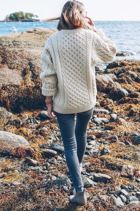 [ad] L.L.Bean Fisherman Sweater: Cable Knit Sweater Outfit, Sweater Outfits Men, Camden Maine, Knit Sweater Outfit, Maine Travel, Fisherman Sweater, Mode Casual, School Looks, White Sweater