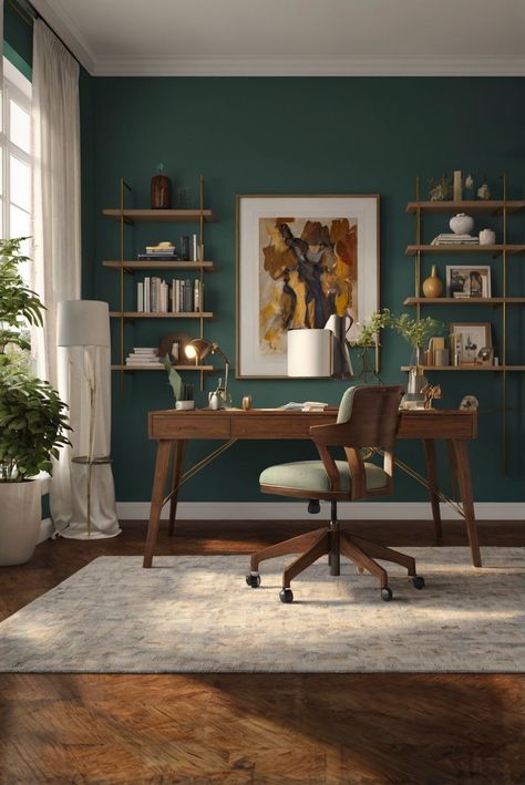 home decor interior design, interior bedroom design, kitchen designs, living room interior Emerald Green Office Wall, Emerald Office Walls, Blue Green Office Paint, Home Office Blue Walls, Dark Green Office Wood Desk, Emerald Green Office Chair, Rooms Makeover, Blue Is My Favorite Color, Small Space Office