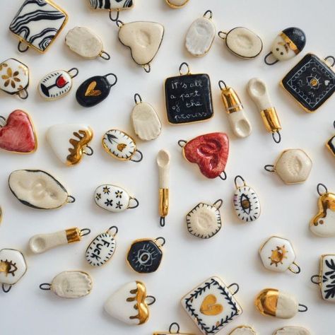 Gold On Ceramics, Best Selling Ceramics, Ceramic Jewelry How To Make, How To Make Clay Jewelry, Diy Ceramic Jewelry, Porcelain Jewelry Handmade, Handmade Ideas To Sell, Cute Things To Sell, Pottery Charms