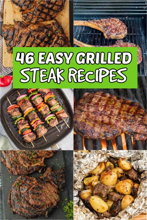 46 Easy Grilled Steak Recipes - grillonadime.com Grilling Steaks On Gas Grill, Grilling Steak Recipes, Grilled Cube Steak, Charcoal Recipes, Bbq Steak Recipes, Tenderloin Steak Recipes, Tbone Steak Recipe, Easy Grill Recipes, Charcoal Grill Recipes