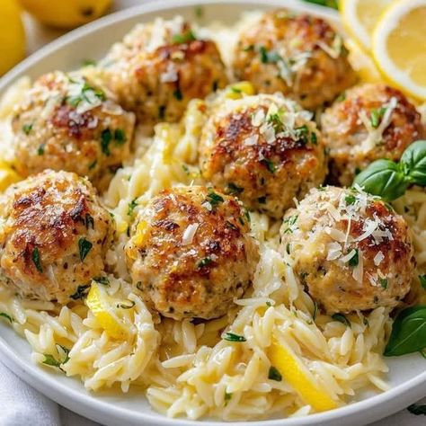 Paula Deen 󱢏 | Lemon Garlic Chicken Meatballs with Creamy Orzo | Facebook Lemon Garlic Chicken Meatballs With Orzo, Lemon Garlic Chicken Meatballs With Creamy Orzo, Garlic Chicken Meatballs, Garlic Butter Chicken Meatballs, Chicken Breadcrumbs, Butter Chicken Meatballs, Lemon Garlic Butter Chicken, Fried Salmon Patties, Garlic Meatballs