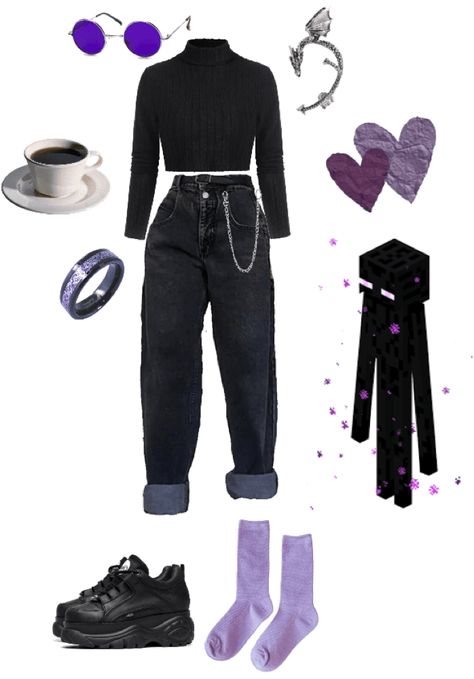 Black And Purple Aesthetic Outfit, Black And Purple Clothes Aesthetic, Purple Alt Outfit, Purple Emo Aesthetic Outfit, Purple And Black Outfits, Cute Gothic Outfits, Purple Emo Clothes, Monochromatic Fashion, Anime Inspired Outfits